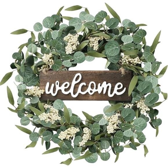 Green Artificial Eucalyptus Wreath with Welcome Sign 20in Spring Summer Wreath - Picture 7 of 14